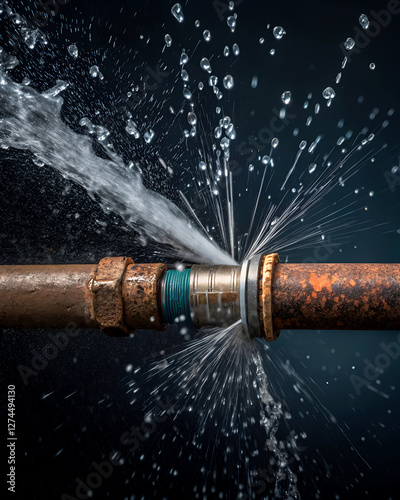 Close-up of a rusty, damaged pipe leaking water under high pressure. Droplets spray in multiple directions, highlighting corrosion and infrastructure failure. Dark background enhances contrast.