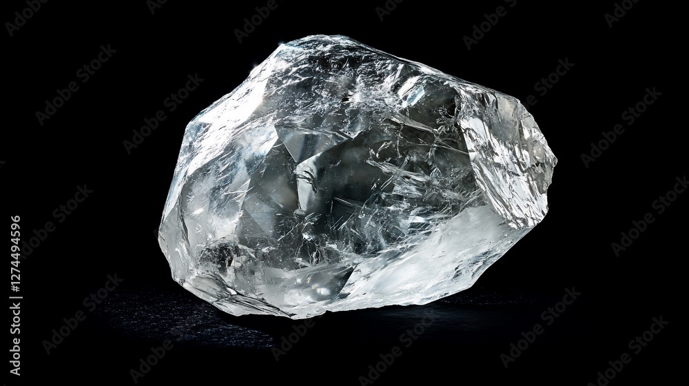 A Stunning Display of Nature's Masterpiece: A Large, Raw, Clear Quartz Crystal on Black Background A Stunning Display of Nature's Masterpiece: A Large, Raw, Clear Quartz Crystal on Black Background