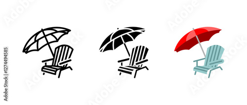 Beach chair icon. Umbrella and sunshade sign. Summer relaxation symbol. Tropical vacation pictogram. Seaside lounge illustration. Resort leisure concept.