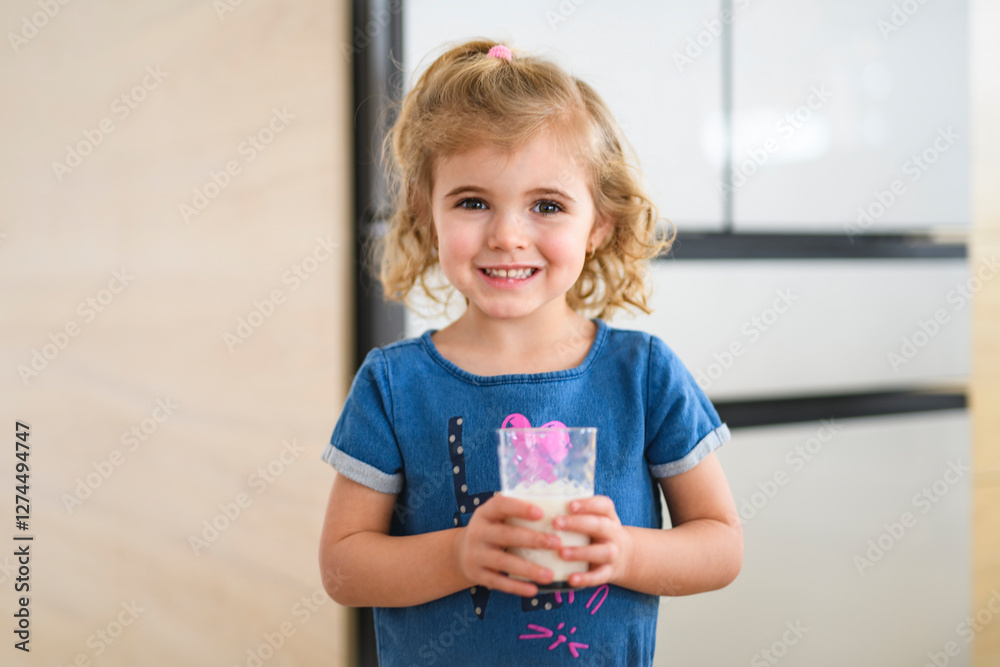 Cute little girl in the kitchen drinking milk in front of Fridge Cute little girl in the kitchen drinking milk in front of Fridge