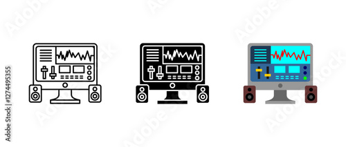 Computer music icon. Audio mixing and editing sign. Sound waveform symbol. Studio production pictogram. Digital recording illustration. Multimedia technology concept.