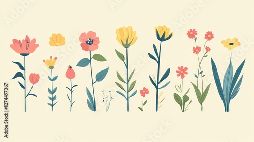 Collection of colorful flat flowers, different types and sizes, on a light background.  Possible use digital art, website background, social media content