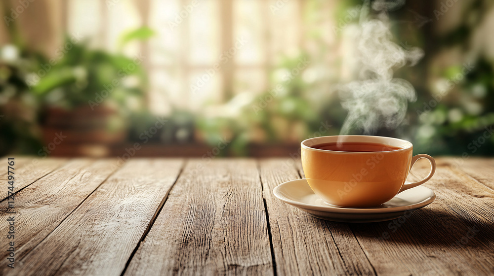 Background with tea, wooden table on an extremely blurred backdrop, evoking a cozy and calming atmosphere. Ideal for display or editing as a dining background. Steam rising from a teacup, with soft na Background with tea, wooden table on an extremely blurred backdrop, evoking a cozy and calming atmosphere. Ideal for display or editing as a dining background. Steam rising from a teacup, with soft na