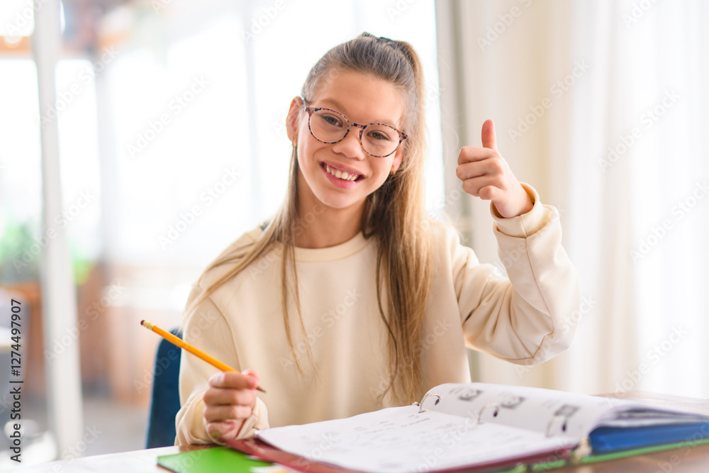 homework and school concept - smiling teen student girl with book writing to notebook at home homework and school concept - smiling teen student girl with book writing to notebook at home