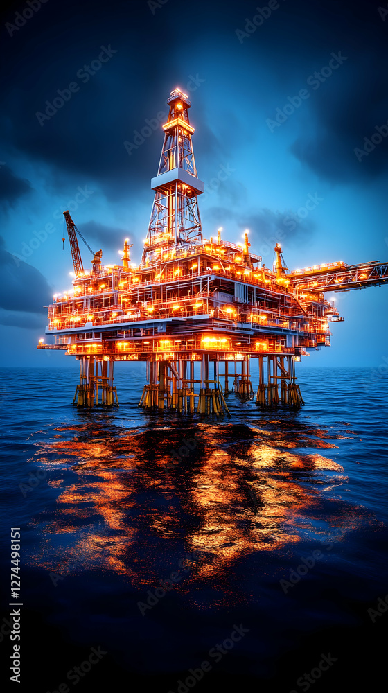 Obraz premium Oil Rig at Night, Offshore Platform, Dark Sea, Industrial Landscape, Image for Engineering