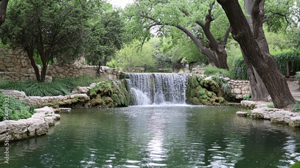Naklejka premium Serene Waterfall Cascading into Lush Green Pond