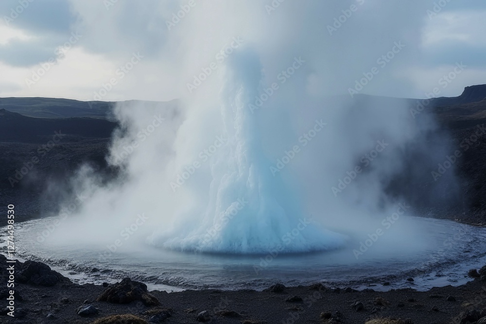 A large geyser erupts with steam and water, creating a dramatic and awe-inspiring scene A large geyser erupts with steam and water, creating a dramatic and awe-inspiring scene