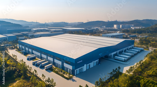 Aerial view of the warehouse building with a blue color and white metal roof
