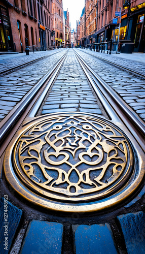 Ornate street grate, historic European city street photo