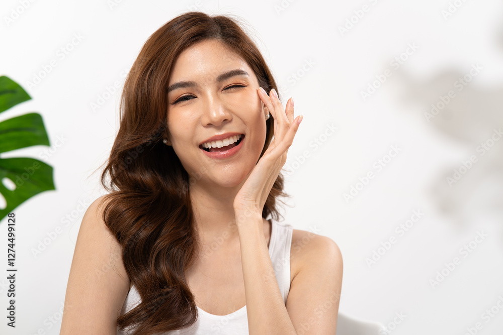 Beautiful Asian woman smiling while showcasing skincare routine in a bright white background Beautiful Asian woman smiling while showcasing skincare routine in a bright white background