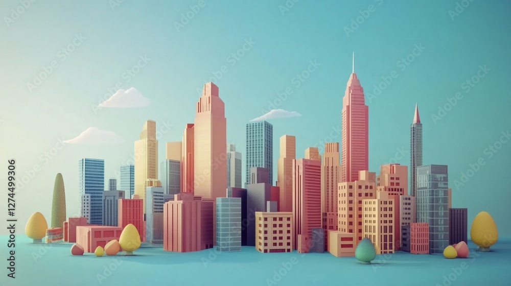 Obraz premium Pastel Cityscape: A Charming Low-Poly 3D Render of an Imaginative Urban Landscape under a Soft Sky