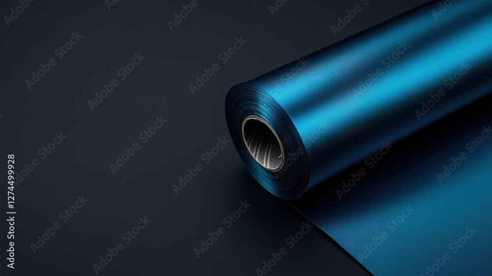 Futuristic blue metallic foil roll on dark background Futuristic blue metallic foil roll on dark background