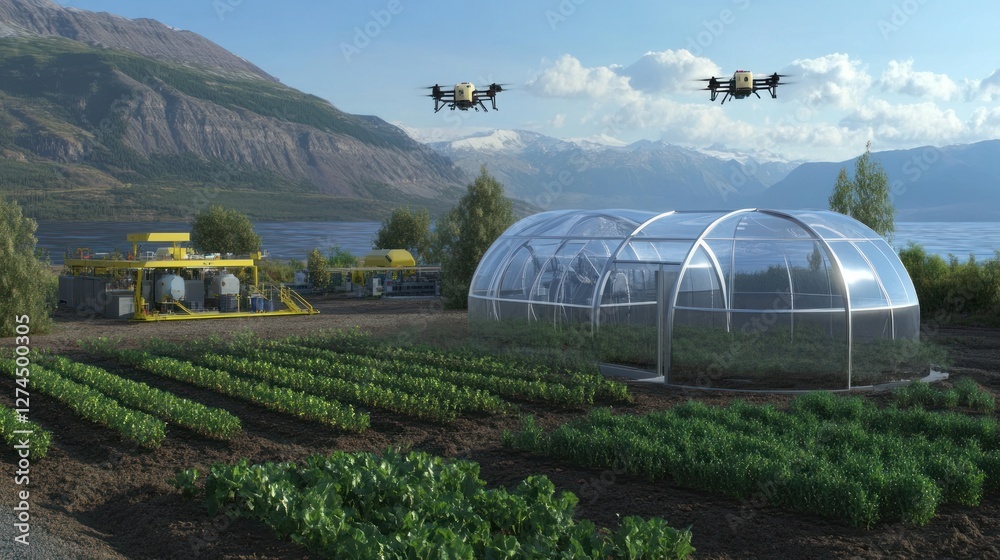 Drones monitor automated farming near a mountain lake Drones monitor automated farming near a mountain lake