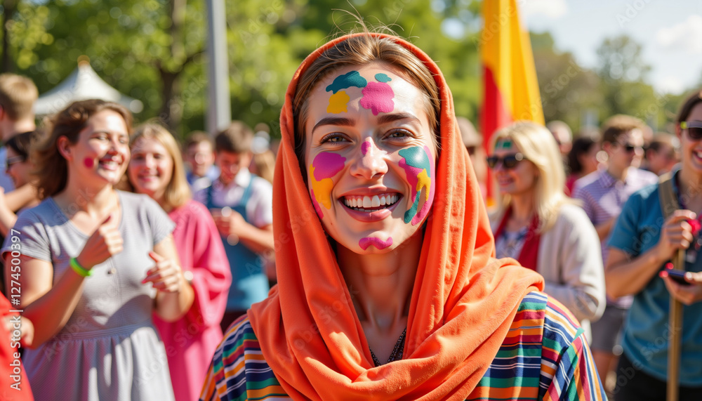 Naklejka premium Laughing woman with colorful face veil during cultural celebration, joy