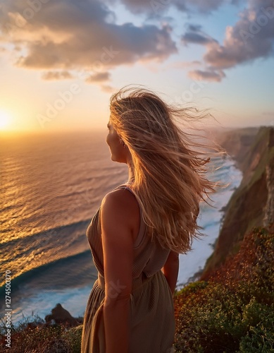 A person standing at the edge of a cliff during sunset, overlooking a vast ocean, with the wind blowing through their hair, evoking a sense of adventure and introspection