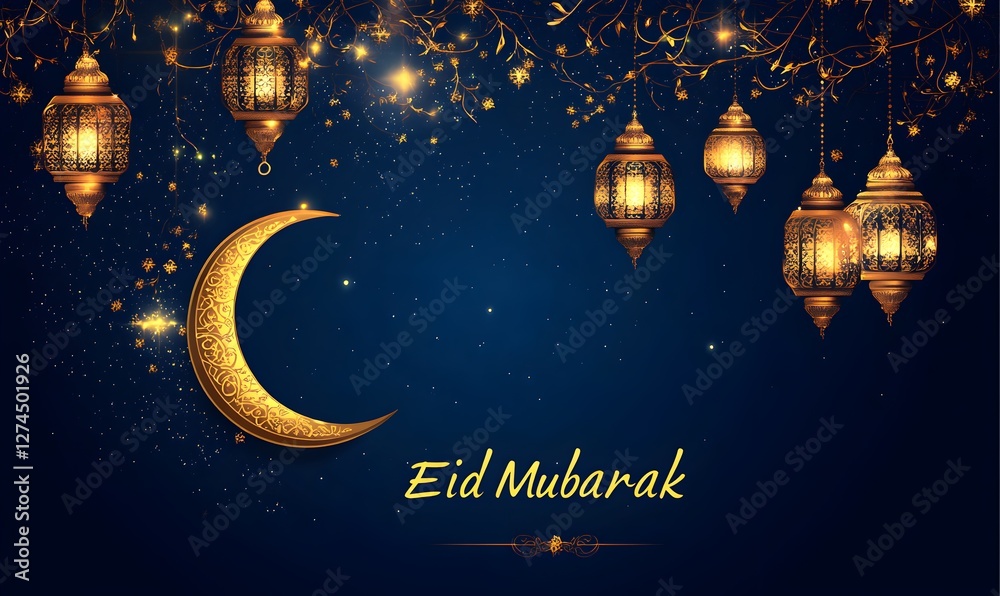 Fototapeta premium Beautiful Eid Mubarak Greeting with Golden Lanterns and Crescent Moon