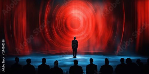 Silhouetted man in a dramatic keynote speech with glowing red abstract effects