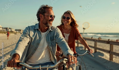 Happy Couple Cycling Along the Beach at Sunset: Romantic Beach Getaway