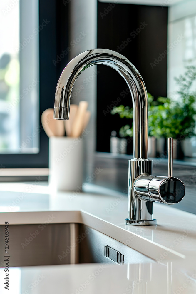 Close-up of a faucet on a newly installed kitchen sink. Faucet on sink in home renovation concept. Close-up of a faucet on a newly installed kitchen sink. Faucet on sink in home renovation concept.