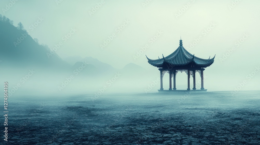Serene Pavilion Amidst Misty Mountains and Water Serene Pavilion Amidst Misty Mountains and Water