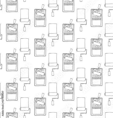 Seamless pattern paint roller, stroke, tray. Vector graphic line Home repair tools, instruments hand drawn doodle set, illustration, elements, stickers, icons. Isolated on white background.