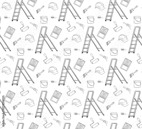 Painter accessories Seamless pattern. Collection of ladder, paint brush, roller, tray, graphic line vector illustration on white background.