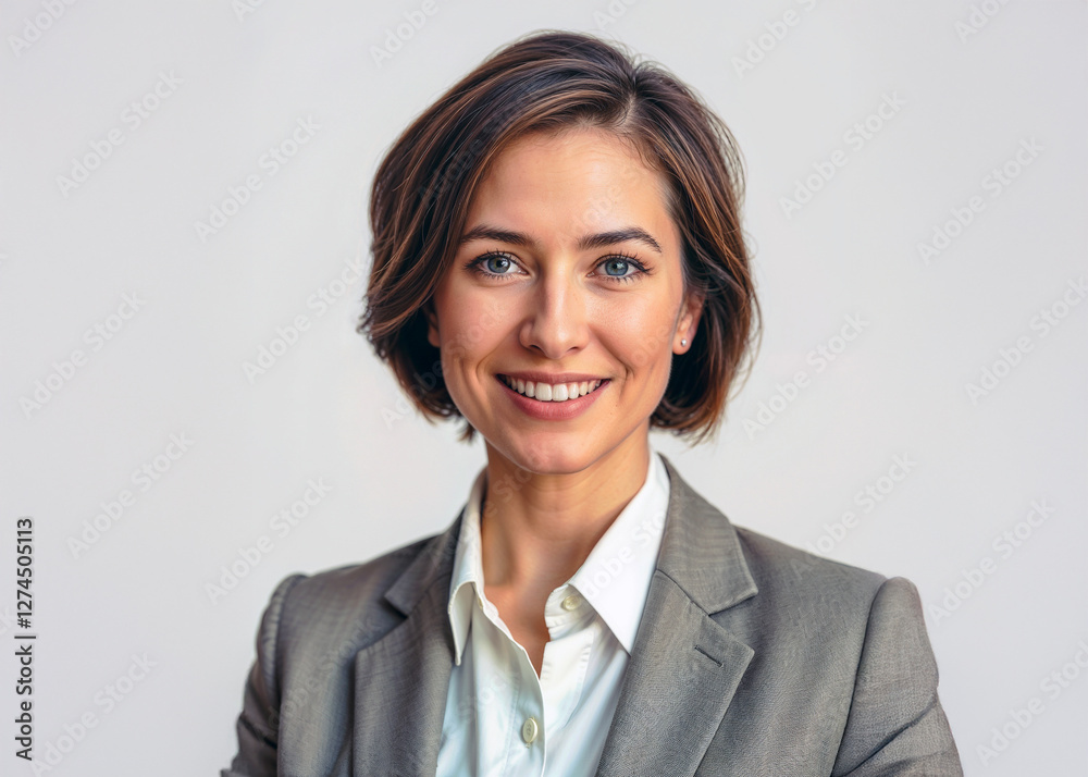 A depiction of a smiling businesswoman in a suit, isolated on a white background A depiction of a smiling businesswoman in a suit, isolated on a white background