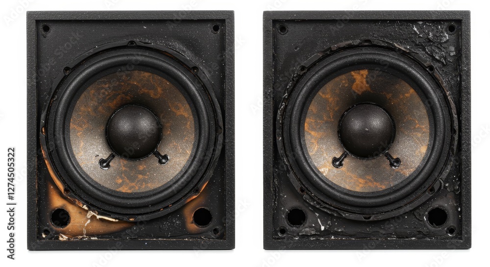 Burned Speakers White Background - Damaged audio speakers, charred, vintage, retro, sound system. Symbolizing: loss, failure, age, deterioration, sound Burned Speakers White Background - Damaged audio speakers, charred, vintage, retro, sound system. Symbolizing: loss, failure, age, deterioration, sound