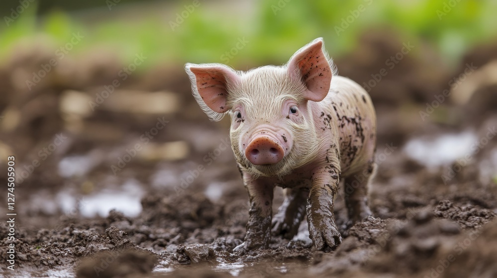 Piglet exploring muddy farm field during daylight Piglet exploring muddy farm field during daylight