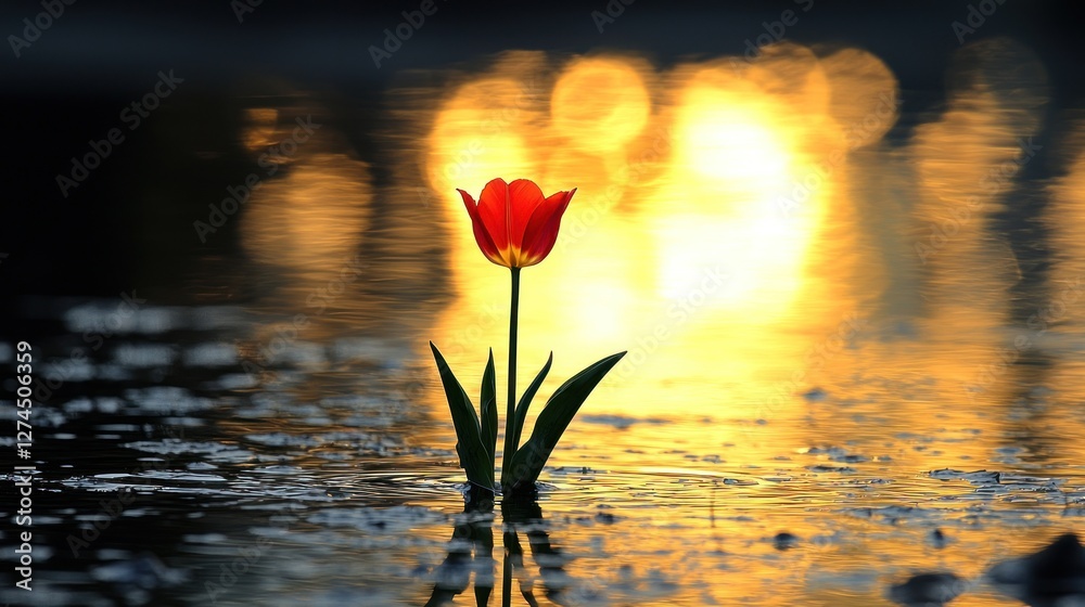 Single Red Tulip Blooms In Golden Sunset Water Single Red Tulip Blooms In Golden Sunset Water