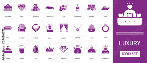 Luxury icon set. with boat, sofa, armchair, necklace, king and more icons. 