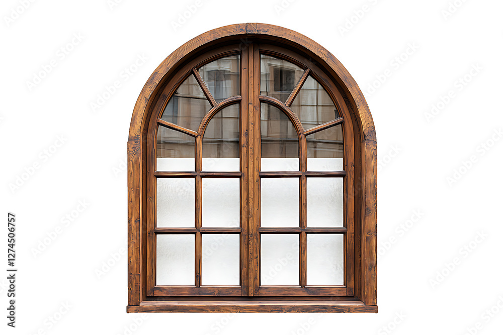 Obraz premium Classic Wooden Arched Window Isolated on Transparent Background PNG Image.