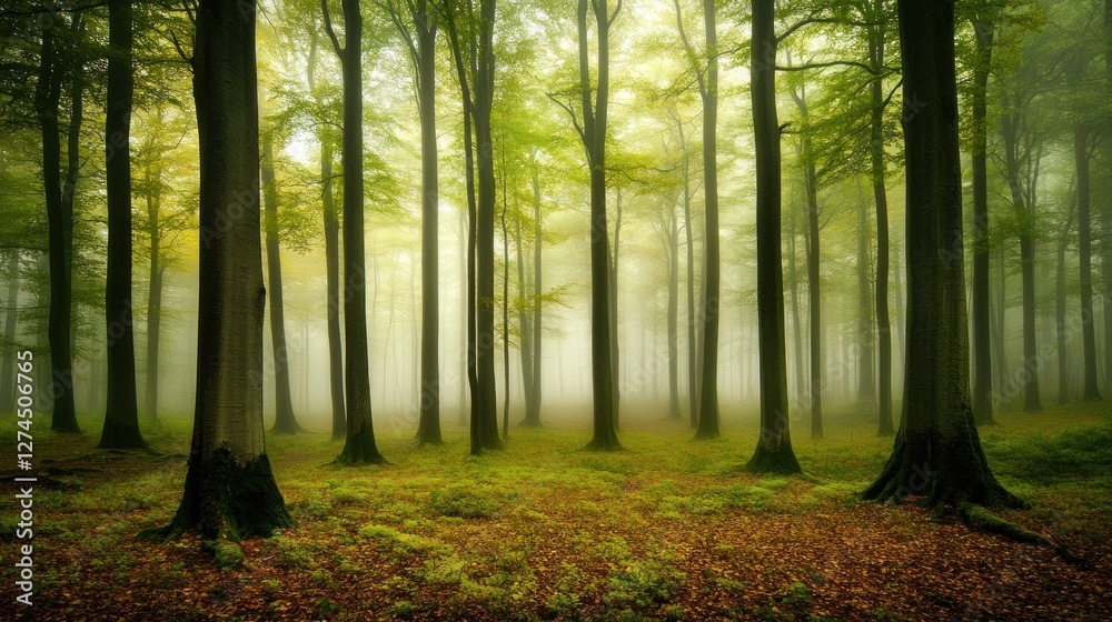 Obraz premium Misty Forest Scene With Tall Trees And Green Undergrowth