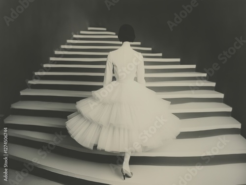 Surreal black and white photograph of an elegant woman in a voluminous tulle dress walking up an abstract staircase into darkness