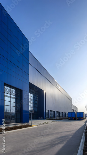 Aerial view of the warehouse building with a blue color and white metal roof
