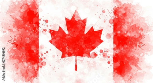 Canadian Flag Watercolor Design - Artistic watercolor of the Canadian flag, showcasing a vibrant maple leaf and red and white splatter photo
