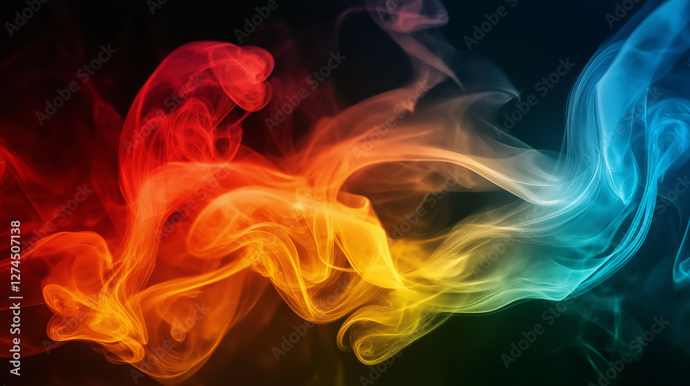 Vibrant multicolored smoke swirling in dynamic motion, creating an abstract and ethereal visual effect with fiery reds, warm yellows, and cool blues Vibrant multicolored smoke swirling in dynamic motion, creating an abstract and ethereal visual effect with fiery reds, warm yellows, and cool blues