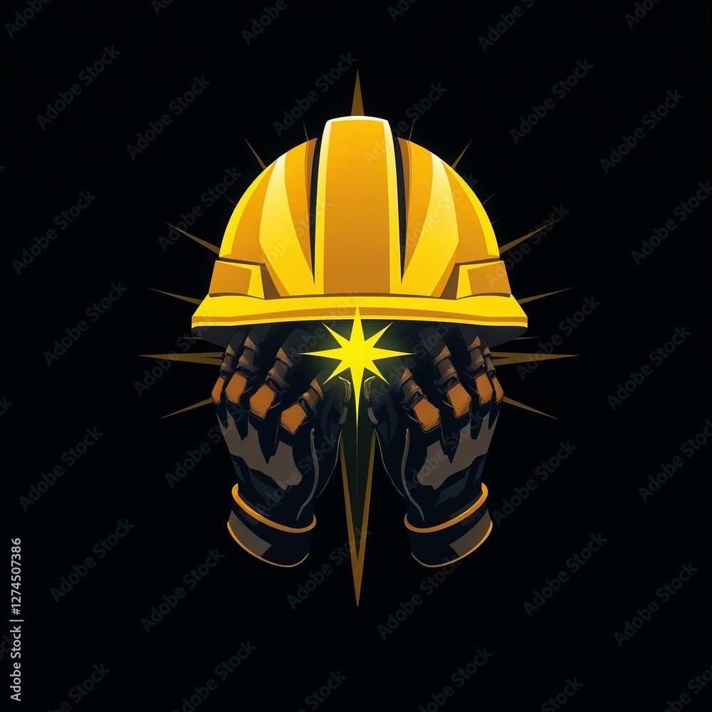 Naklejka premium Illustration of hands holding a yellow safety helmet with a bright star for International Workers' Day 