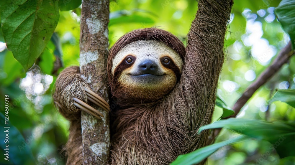 Adorable Sloth Hanging on a Tree in Lush Rainforest Adorable Sloth Hanging on a Tree in Lush Rainforest