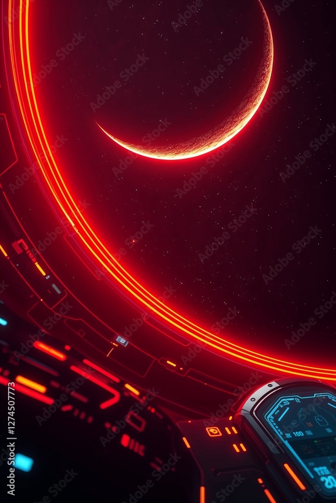 Obraz premium Futuristic spacecraft cockpit view of a red crescent moon in a starry space environment