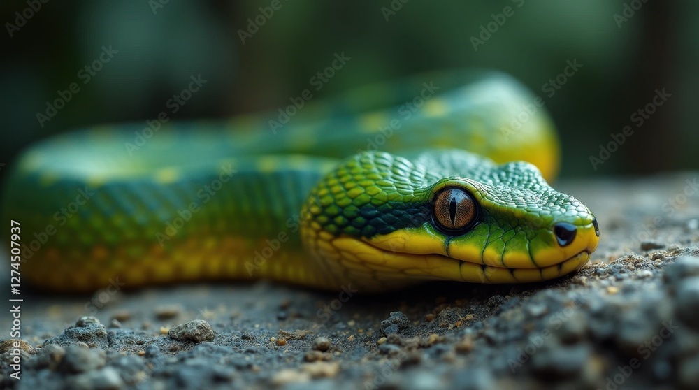 Snake Resting on a Rock with Yellow and Emerald Scales Snake Resting on a Rock with Yellow and Emerald Scales