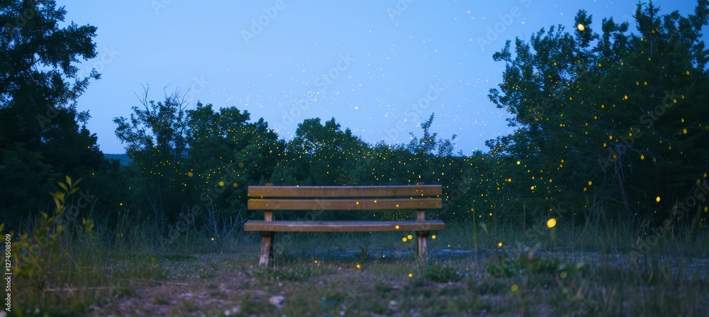 Fototapeta premium Charming park bench aglow with fireflies beneath a stunningly clear night sky filled with stars