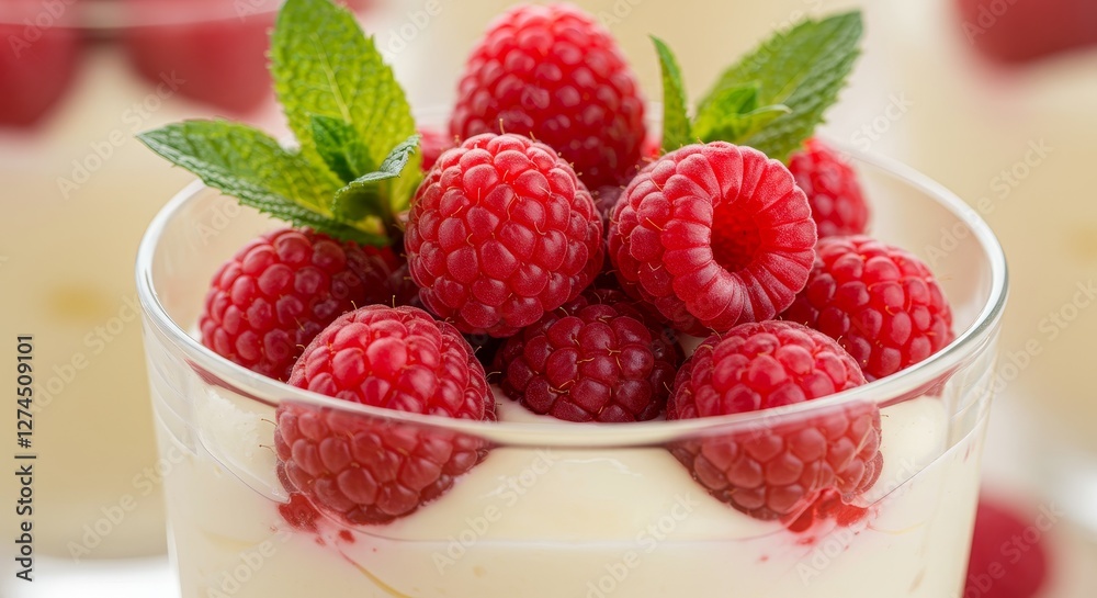 Creamy Raspberry Delight in a Glass - Indulgent raspberry dessert, creamy texture, vibrant red raspberries, refreshing mint, sweet and tangy flavor. Symbolizes: Summer, freshness, sweetness Creamy Raspberry Delight in a Glass - Indulgent raspberry dessert, creamy texture, vibrant red raspberries, refreshing mint, sweet and tangy flavor. Symbolizes: Summer, freshness, sweetness