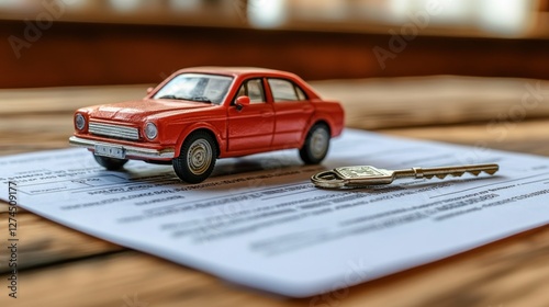 Red toy car on documents with a key on wooden table