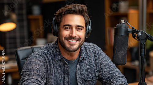 Handsome podcast with headphones and microphone smiling in a modern studio, perfect for podcast branding, media promotions, and digital marketing