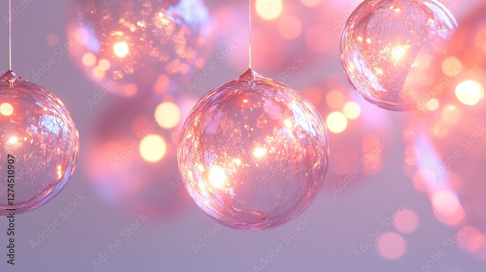 glowing pink ornaments hanging with bokeh effect lights. This captivating image is perfect for festive projects