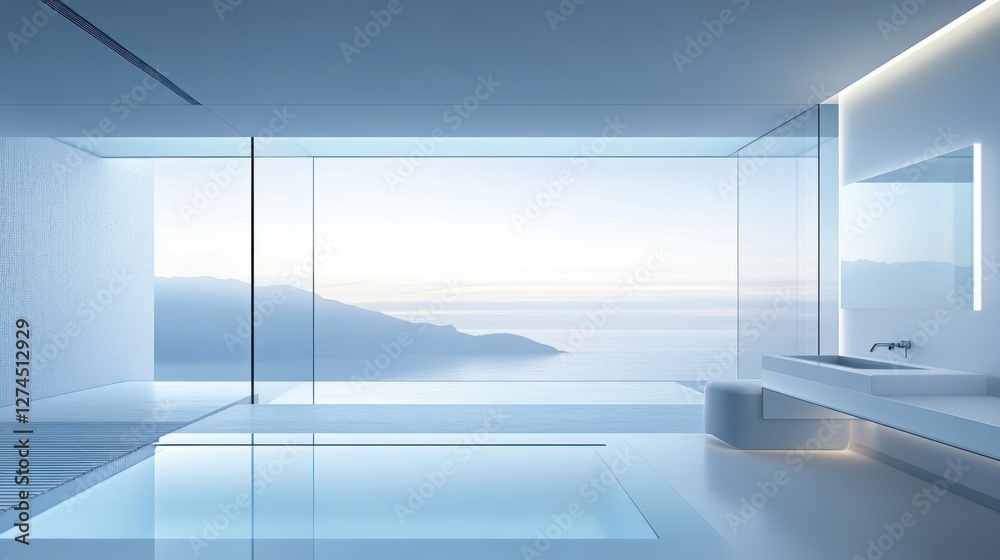 Fototapeta premium Modern Minimalist Bathroom With Ocean View