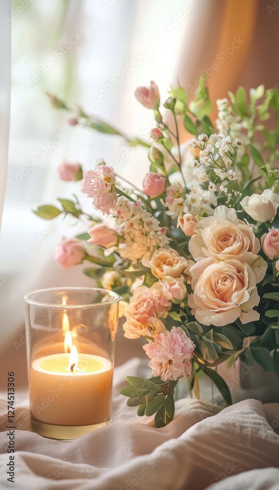 Obraz premium Elegant Mother's Day Card Setup with Flowers and Candle for Warm, Cozy Note Design