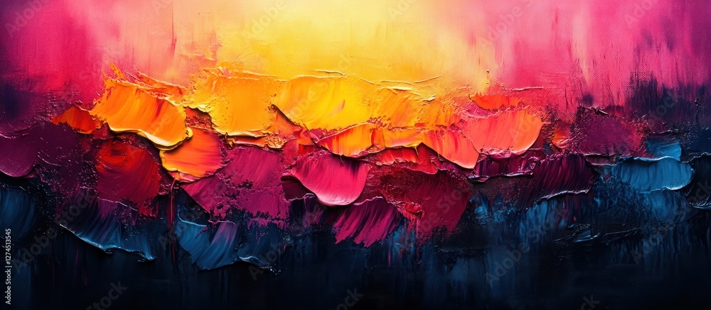 Fototapeta premium Abstract impasto painting in vibrant hues of yellow, orange, pink, purple, and blue.