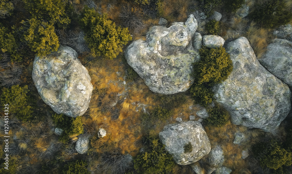 Rocky mountain terrain with dense pine forest captured from a bird's-eye perspective Rocky mountain terrain with dense pine forest captured from a bird's-eye perspective